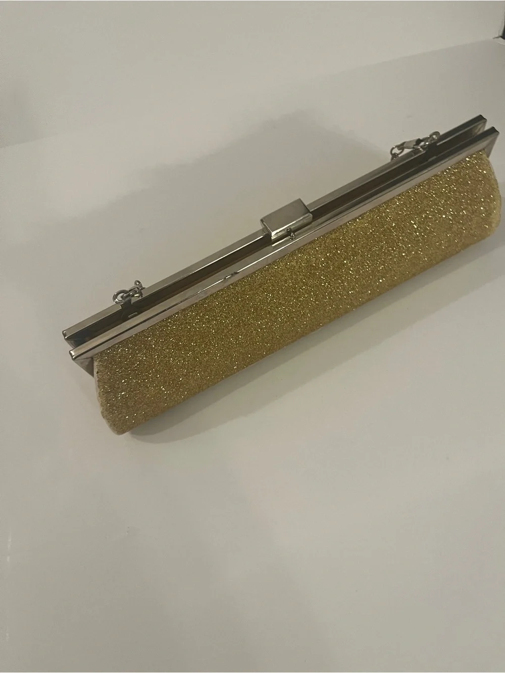 Gold Glitter Evening Bag Clutch Silver Chain Strap Formal Party Purse